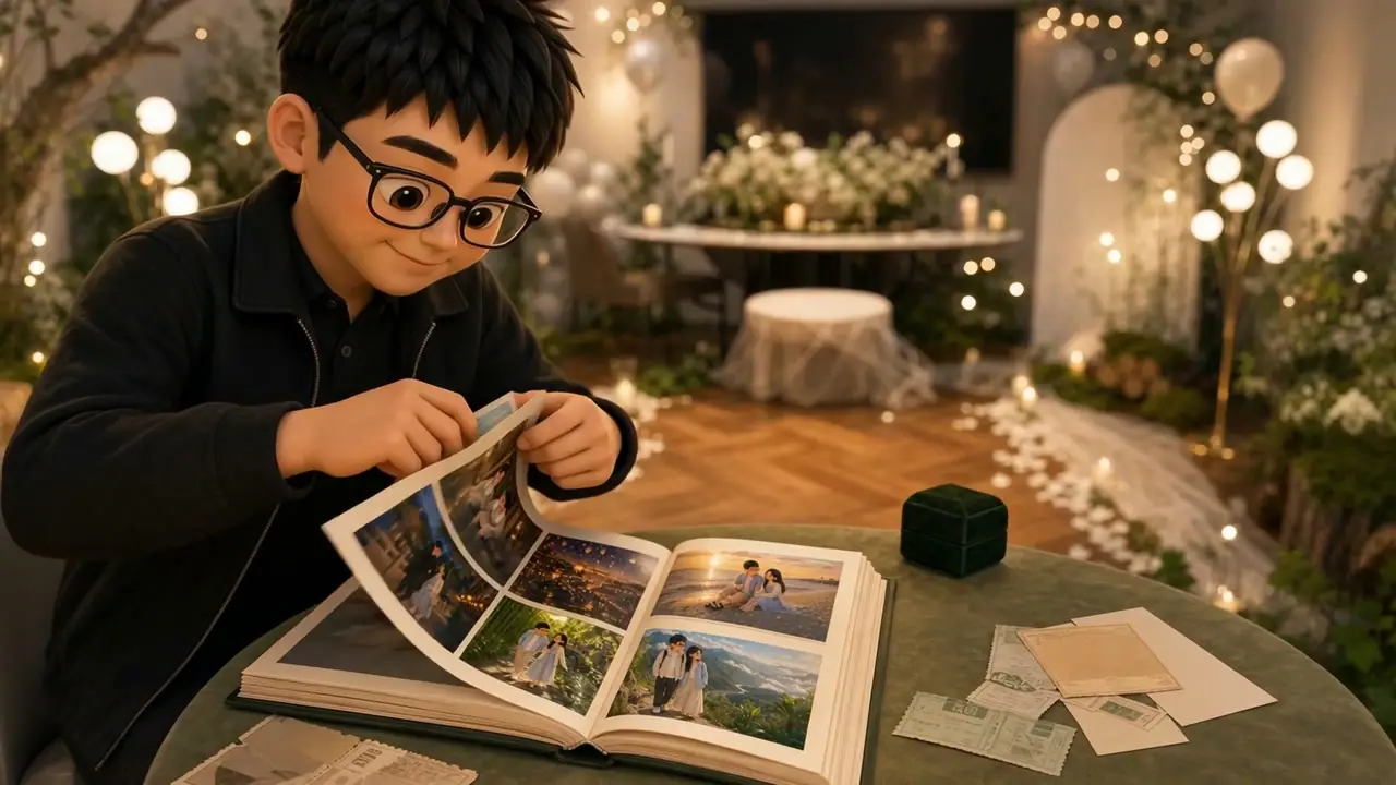 An animated character with glasses looking through a photo album