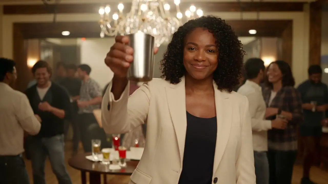 A woman in a cream jacket raising a silver cup at a party