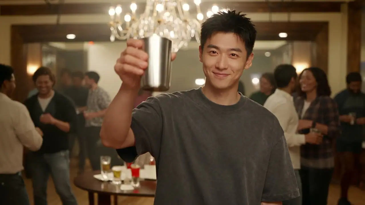 A man in a grey shirt raising a silver cup under a chandelier