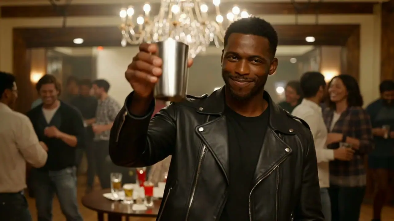 A man in a black leather jacket raising a cup at a party