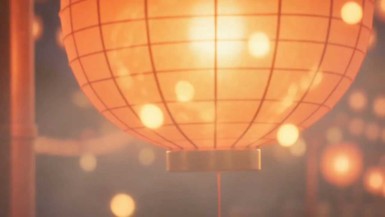 Glowing orange lanterns hanging against a softly lit background